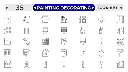 Painting Decorating outline icons. Set of Paint and decorating icon and painting tools. Color palette, Roller, Creative art brush, bucket.