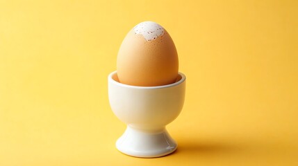 A single, white egg sits in a white egg cup against a yellow background.