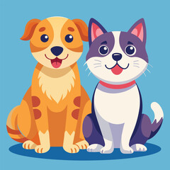 Playful dog and cat duo sitting together in a cheerful flat design style vector art 