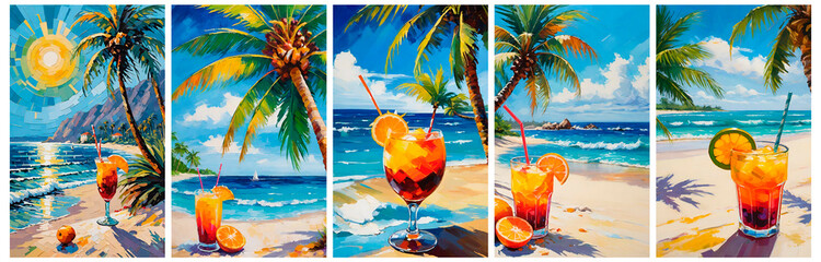 Tropical Beach Refreshment: Vibrant Drink, Palm Tree, and Distant Sailboat on a Sunny Shore.  The image showcases a refreshing tropical drink on a sandy beach, with a slice of orange and two pink stra