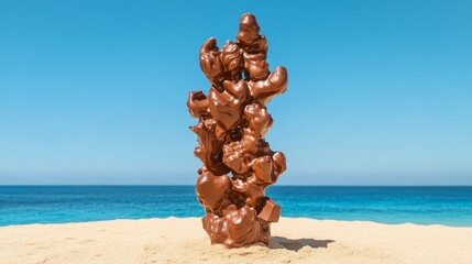 Chocolate sculpture on sandy beach with ocean view sweet treat art 