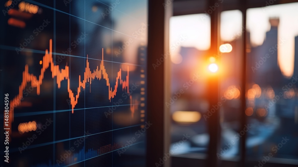 Poster glowing stock market graphs and charts are projected onto a glass table, while a blurred cityscape c