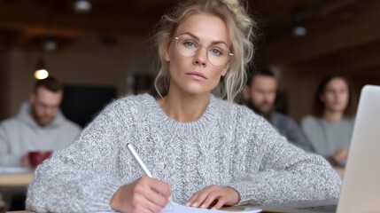 young woman in a cozy sweater diligently writes notes at a wooden table in a warm classroom filled with fellow students studying together