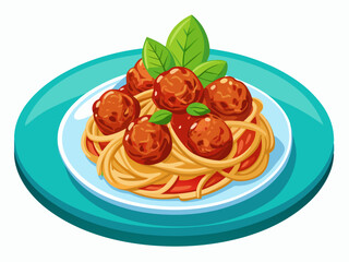 A flat vector of spaghetti with tomato sauce and meatballs on a round white plate. White background, classic Italian dinner illustration