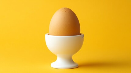 A single, white egg sits inside a white egg cup against a yellow background.