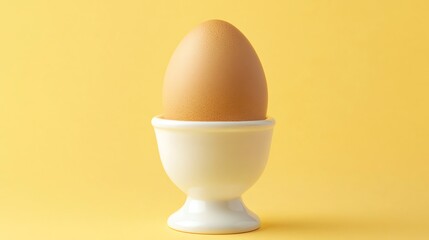 A single, white egg rests in a white cup against a yellow background.