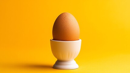 A single, white egg sits in a white egg cup against a yellow background.