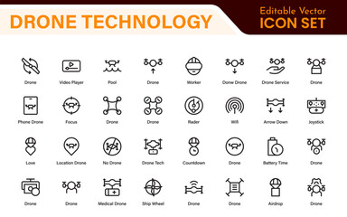 Modern Drone Technology Icons – Clean Outline, Line Art, and Vector Illustrations for Drones, UAVs, Aerial Robotics, and Digital Platforms