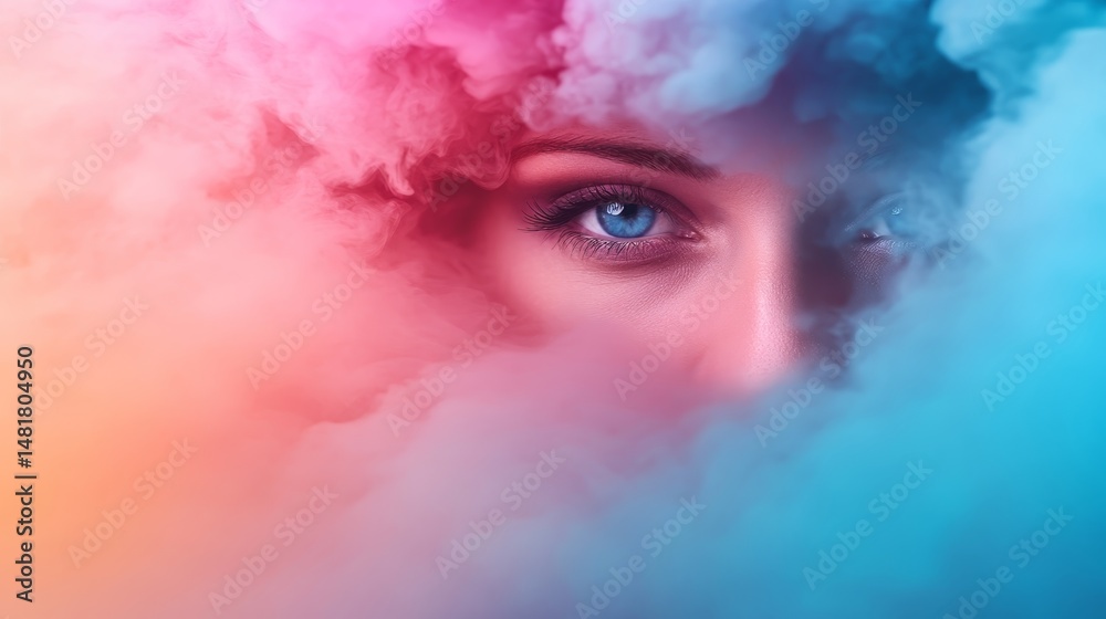 Poster Close-up view of captivating eyes surrounded by soft pastel mist creates a surreal and dreamlike atmosphere, highlighting unique textures and colors