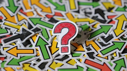 Colorful arrows surround a central red question mark.