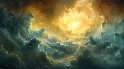 Obraz premium A swirling celestial landscape of golden and teal nebulae.