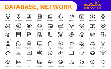 Database Network and Server Management Icon Set – Minimal Line Vector Illustrations for IT, Networking, Cloud, Servers, Security, and Digital Solutions