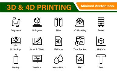 3D and 4D Printing Icons – Outline, Vector, and Line Art Illustrations for Printing Tech, Prototyping, Design, Engineering, and Innovation Projects