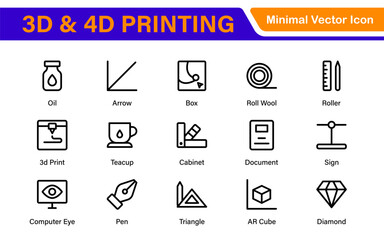 3D and 4D Printing Icons – Outline, Vector, and Line Art Illustrations for Printing Tech, Prototyping, Design, Engineering, and Innovation Projects