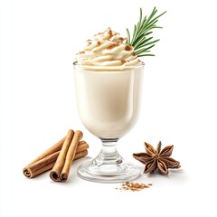Creamy eggnog in a glass, topped with whipped cream and garnished with rosemary