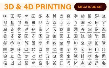 3D and 4D Printing Icons – Outline, Vector, and Line Art Illustrations for Printing Tech, Prototyping, Design, Engineering, and Innovation Projects