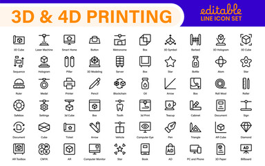 3D and 4D Printing Icons – Outline, Vector, and Line Art Illustrations for Printing Tech, Prototyping, Design, Engineering, and Innovation Projects