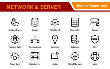 Database Network and Server Management Icon Set – Minimal Line Vector Illustrations for IT, Networking, Cloud, Servers, Security, and Digital Solutions