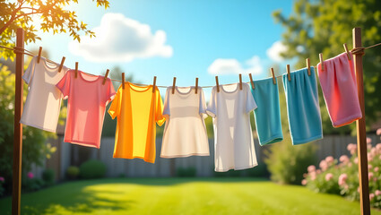 Sun-Kissed Laundry Day, Vibrant, Freshly Washed Clothes Drying on a Wooden Line Against a Sunny Sky, Representing Cleanliness and Outdoor Chores