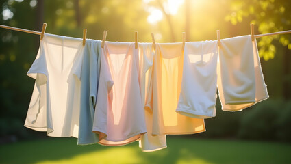 Sun-Kissed Laundry, A Serene Scene of Freshly Washed Clothes Drying on a Line, Evoking a Sense of Cleanliness, Home, and the Simple Joys of Everyday Life
