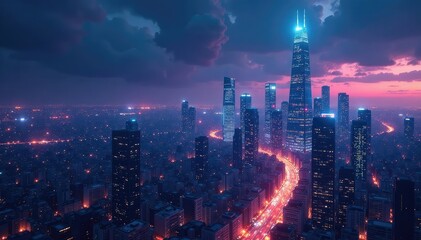 Obraz premium Futuristic city skyline at night, glowing skyscrapers and flying vehicles , abstract, smart, drones