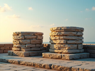Sun-Kissed Stone Structures, A Warm Afternoon Glow Illuminates Rustic Stone Pillars and Terrace Overlooking a Serene Ocean Vista