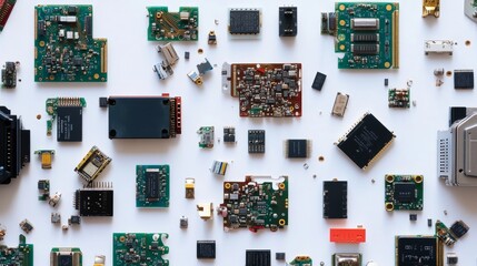 Electronics parts scattered on white background featuring circuit boards 
