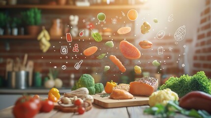 Colorful protein-rich foods with nutrient symbols, showcasing a balanced diet concept