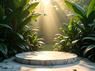 Sunlit Serenity, A Marble Platform Surrounded by Lush Greenery and a Golden Sunbeam Creates a Tranquil and Inviting Space for Product Showcasing and Peaceful Contemplation