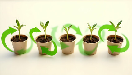 Sustainable Growth Cycle, Top-Down View of Seedlings in Biodegradable Pots with Recycling Arrows Illustrating Circular Economy and Renewal Process