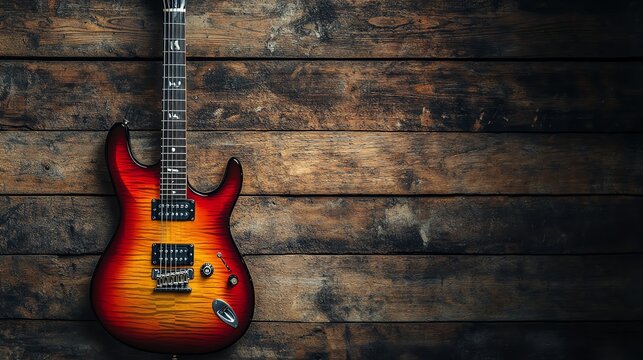 An electric guitar sits prominently on a rustic wooden background.