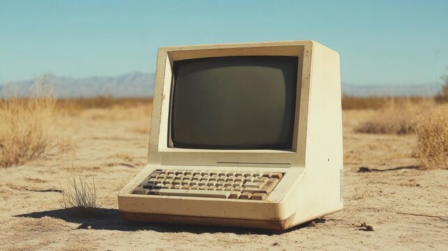 Retro Computer In Desert. Lost Technology From A Bygone Era, Abandoned In The Arid Landscape. Symbol Of Obsolescence.
