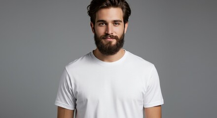 Fototapeta premium Photo Portrait of Bearded Man in White T-Shirt on Grey