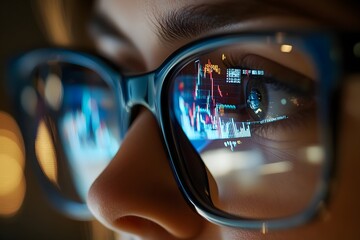 A close-up of the face and glasses of an IT professional woman, smiling at her computer screen with holographic data visuals floating in front of it