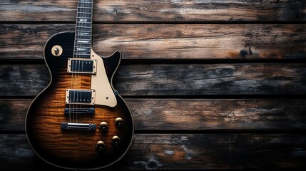Fototapeta premium An electric guitar rests on a warm wooden background.