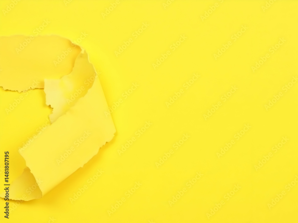 Poster torn vibrant yellow paper with curled edge reveals underlying layer creating an abstract and minimal