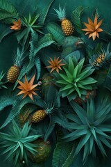 Tropical plants and fruits arranged on dark teal background