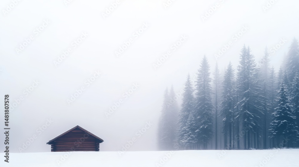 Poster a rustic wooden cabin stands alone in a foggy winter landscape, bordered by tall pine trees, creatin