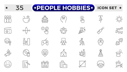People Hobbies outline Icons set. Vector illustration in modern thin line style of human life related icons: nutrition, entertainment, personal development, daily routine, and more.