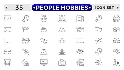 People Hobbies outline Icons set. Vector illustration in modern thin line style of human life related icons: nutrition, entertainment, personal development, daily routine, and more.