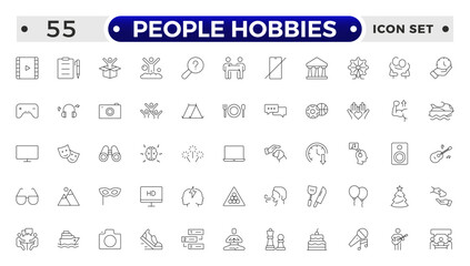 People Hobbies outline Icons set. Vector illustration in modern thin line style of human life related icons: nutrition, entertainment, personal development, daily routine, and more.