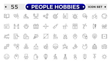 People Hobbies outline Icons set. Vector illustration in modern thin line style of human life related icons: nutrition, entertainment, personal development, daily routine, and more.