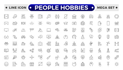 People Hobbies outline Icons set. Vector illustration in modern thin line style of human life related icons: nutrition, entertainment, personal development, daily routine, and more.