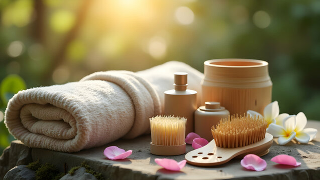 Tranquil Spa Arrangement, A harmonious display of wellness essentials amidst nature's embrace, promoting relaxation and holistic self care indulgence