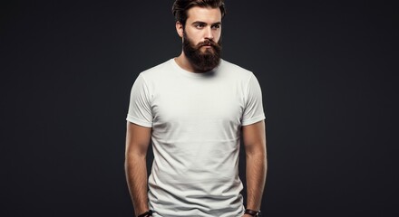 Photo Realistic Portrait of Bearded Man in White T-Shirt on Dark Background