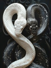 Fototapeta premium two snakes in an elaborate knot biting their own tails one white and one black