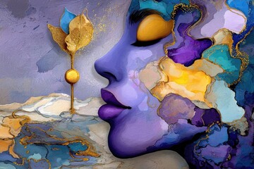 Abstract Art Featuring a Vibrant Female Profile with Colorful Brushstrokes and Floral Element in Purple, Blue, and Gold Tones