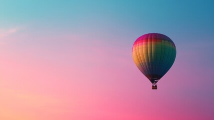 Fototapeta premium A colorful hot air balloon drifts softly across a gradient sky, blending pink and blue hues as it captures the tranquility of the evening landscape