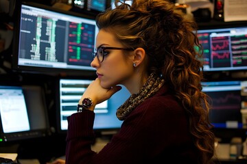 A woman trading on the stock exchange, sitting in front of multiple computer screens with different financial data and charts. She is wearing glasses 