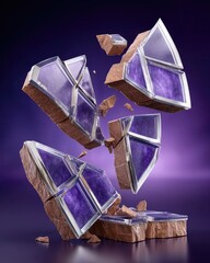 Stunning 3D Render of Floating Fractured Crystal Geode Pieces with Purple Surface and Shiny Reflection on Dark Background